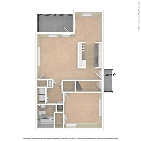 Floor plan for 1 bed, 1 bath, 767 sqft
